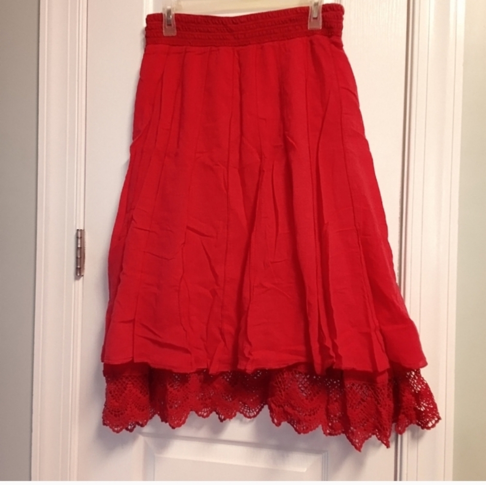 Lapis Elegant Red Lace Hem Skirt Women's L Midi Flare Gauzy Cotton EUC Dressy